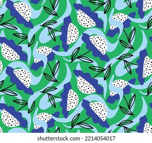 Abstracto Plano Geométrico Retro Flores de margarita Hojas y Swirls Patrón Vector sin Marea Fondo Aislado