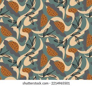 Abstract Hand Drawing Geometric Retro Daisy Flowers Leaves and Swirls Seamless Vector Pattern Isolated Background