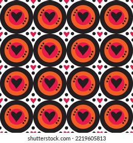 Abstract Hand Drawing Geometric Retro Circles and Hearts Seamless Vector Pattern Isolated Background