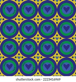 Abstract Hand Drawing Geometric Retro Circles and Hearts Seamless Vector Pattern Isolated Background