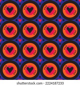 Abstract Hand Drawing Geometric Retro Circles and Hearts Seamless Vector Pattern Isolated Background