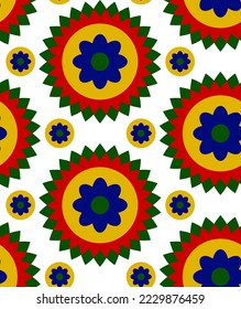 Abstract Hand Drawing Geometric Retro Tile Circle Flowers and Dots Seamless Vector Pattern Isolated Background