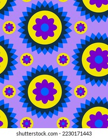 Resumen Dibujo a mano Geométrico Retro Flores de círculo de mosaico y puntos Patrón vectorial sin soldadura Fondo aislado