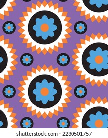 Abstract Hand Drawing Geometric Retro Tile Circle Flowers and Dots Seamless Vector Pattern Isolated Background