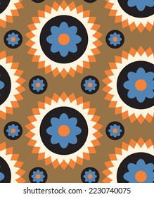 Abstract Hand Drawing Geometric Retro Tile Circle Flowers and Dots Seamless Vector Pattern Isolated Background