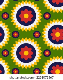 Abstract Hand Drawing Geometric Retro Tile Circle Flowers and Dots Seamless Vector Pattern Isolated Background