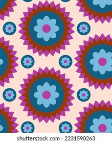 Abstract Hand Drawing Geometric Retro Tile Circle Flowers and Dots Seamless Vector Pattern Isolated Background