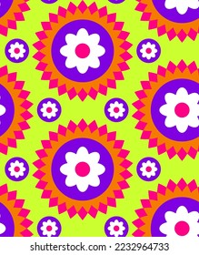 Abstract Hand Drawing Geometric Retro Tile Circle Flowers and Dots Seamless Vector Pattern Isolated Background