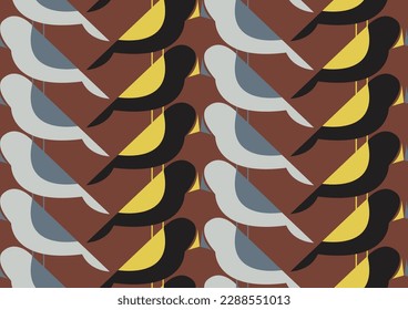 Abstract Hand Drawing Geometric Retro Tile Art Deco Canary Birds Seamless Vector Pattern Isolated Background