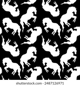 Abstract Hand Drawing Geometric Running Horses Equestrian Seamless Vector Pattern Isolated Background