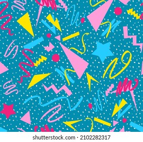 Abstract Hand Drawing Geometric Shapes Brush Strokes Triangles Swirls and Stars Seamless Vector Pattern with Isolated Dots Background