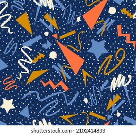 Abstract Hand Drawing Geometric Shapes Brush Strokes Triangles Swirls and Stars Seamless Vector Pattern with Isolated Dots Background