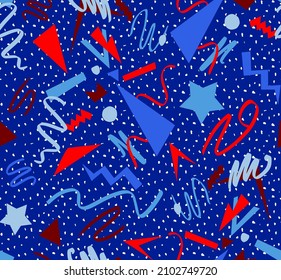 Abstract Hand Drawing Geometric Shapes Brush Strokes Triangles Swirls and Stars Seamless Vector Pattern with Isolated Dots Background