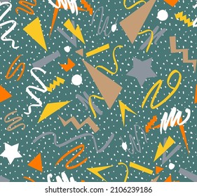 Abstract Hand Drawing Geometric Shapes Brush Strokes Triangles Swirls and Stars Seamless Vector Pattern with Isolated Dots Background