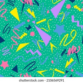 Resumen Formas geométricas de dibujo a mano Pincel Saltos Triángulos Giros y estrellas Patrón vectorial sin costura con fondo de puntos aislados