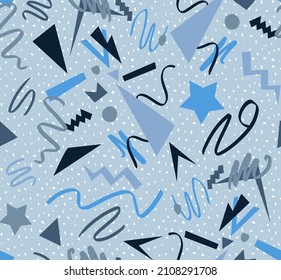 Abstract Hand Drawing Geometric Shapes Brush Strokes Triangles Swirls and Stars Seamless Vector Pattern with Isolated Dots Background