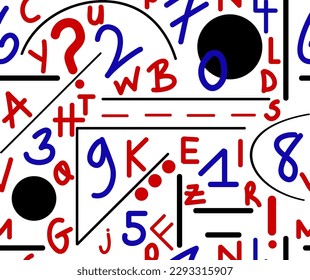 Abstract Hand Drawing Geometric Shapes Letters and Numbers Seamless Vector Pattern Isolated Background 