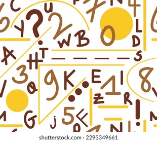 Abstract Hand Drawing Geometric Shapes Letters and Numbers Seamless Vector Pattern Isolated Background 