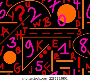 Abstract Hand Drawing Geometric Shapes Letters and Numbers Seamless Vector Pattern Isolated Background 