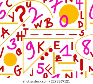 Abstract Hand Drawing Geometric Shapes Letters and Numbers Seamless Vector Pattern Isolated Background 