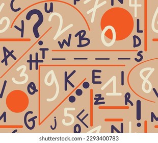 Abstract Hand Drawing Geometric Shapes Letters and Numbers Seamless Vector Pattern Isolated Background 