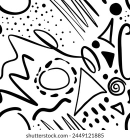 Abstract Hand Drawing Geometric Shapes Dashed Lines Dots Triangles Circles Swirls Brush Strokes Seamless Vector Pattern Isolated Background