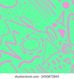 Abstract Hand Drawing Geometric Shapes Dashed Lines Dots Triangles Circles Swirls Brush Strokes Seamless Vector Pattern Isolated Background