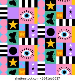 Abstract Hand Drawing Geometric Shapes Squares Eyes Stars Butterflies and Stripes Seamless Retro Vector Pattern Isolated Background 