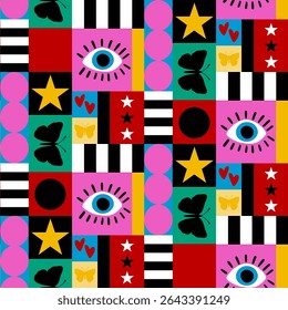 Abstract Hand Drawing Geometric Shapes Squares Eyes Stars Butterflies and Stripes Seamless Retro Vector Pattern Isolated Background 