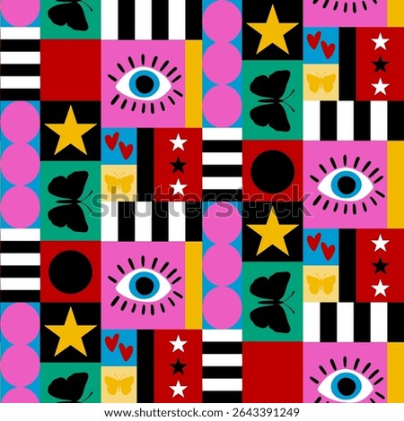 Abstract Hand Drawing Geometric Shapes Squares Eyes Stars Butterflies and Stripes Seamless Retro Vector Pattern Isolated Background 