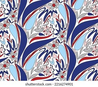 Abstract Hand Drawing Geometric Tile Leaves Paisleys Flowers and Swirls Seamless Vector Pattern Isolated Background 