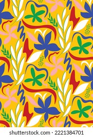 Abstract Hand Drawing Geometric Tile Leaves Flowers and Swirls Seamless Vector Pattern Isolated Background 