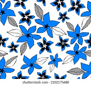 Abstract Hand Drawing Geometric Tropical Hibiscus Flowers and Leaves Seamless Vector Pattern Isolated Background