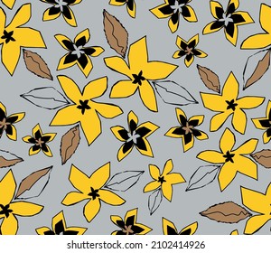Abstract Hand Drawing Geometric Tropical Hibiscus Flowers and Leaves Seamless Vector Pattern Isolated Background