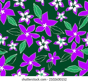 Abstract Hand Drawing Geometric Tropical Hibiscus Flowers and Leaves Seamless Vector Pattern Isolated Background