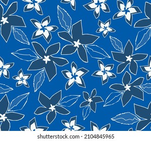 Abstract Hand Drawing Geometric Tropical Hibiscus Flowers and Leaves Seamless Vector Pattern Isolated Background