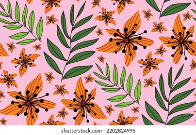 Abstract Hand Drawing Geometric Tropical Hibiscus Flowers and Leaves Seamless Vector Pattern Isolated Background