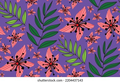 Abstract Hand Drawing Geometric Tropical Hibiscus Flowers and Leaves Seamless Vector Pattern Isolated Background