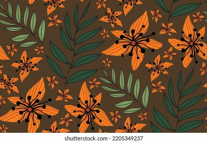 Abstract Hand Drawing Geometric Tropical Hibiscus Flowers and Leaves Seamless Vector Pattern Isolated Background