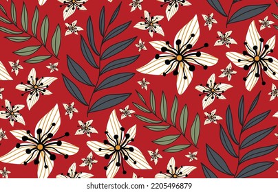 Abstract Hand Drawing Geometric Tropical Hibiscus Flowers and Leaves Seamless Vector Pattern Isolated Background