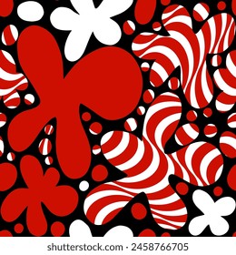 Abstract Hand Drawing Geometric Wavy Striped Flowers and Dots Retro Vector Pattern Isolated Background