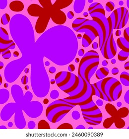 Abstract Hand Drawing Geometric Wavy Striped Flowers and Dots Retro Vector Pattern Isolated Background