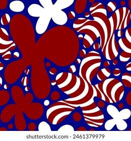 Abstract Hand Drawing Geometric Wavy Striped Flowers and Dots Retro Vector Pattern Isolated Background
