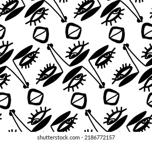 Abstract Hand Drawing Geometric Woman Faces Lips Eyes Seamless Pop Art Vector Pattern Isolated Background 