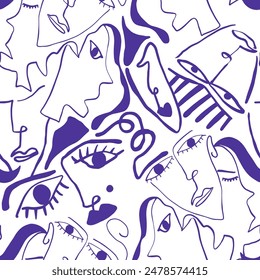 Abstract Hand Drawing Geometric Woman Girl Faces Silhouettes Mask Line Drawing Seamless Vector Pattern Isolated Background