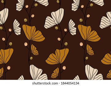 Abstract Hand Drawing Ginkgo Biloba Leaves Repeating Vector Pattern Isolated Background