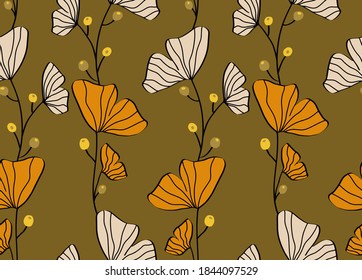 Abstract Hand Drawing Ginkgo Biloba Leaves Repeating Vector Pattern Isolated Background