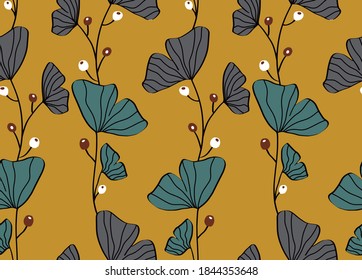 Abstract Hand Drawing Ginkgo Biloba Leaves Repeating Vector Pattern Isolated Background