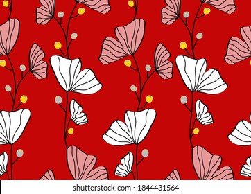 Abstract Hand Drawing Ginkgo Biloba Leaves Repeating Vector Pattern Isolated Background