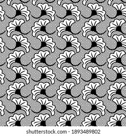 Abstract Hand Drawing Ginkgo Leaves Repeating Vector Pattern with Geometric Labyrinth Striped Background